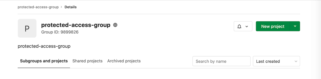 Protected access group interface with the New project button highlighted.