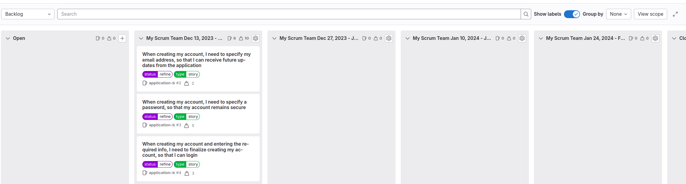 A backlog board with user stories distributed across iteration columns.